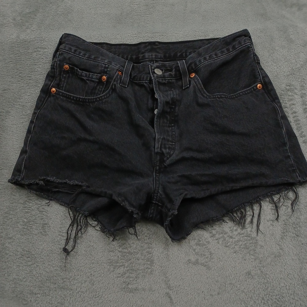 Levis 501 Shorts Womens 30 Black Denim Pockets Casual Modern Distressed